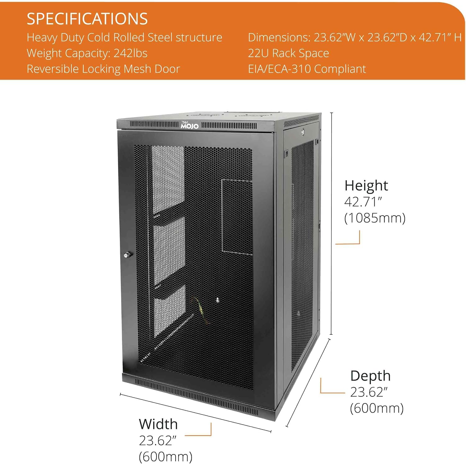 Tecmojo 22U Wall Mount Rack,22U Rack 23.6 Inch Depth,Hold Up to 176 Lbs,Enclosed Wall Mount Rack Kit for 19 Inch Network,Server and AV Gear,Mesh Door(Elite Collection)