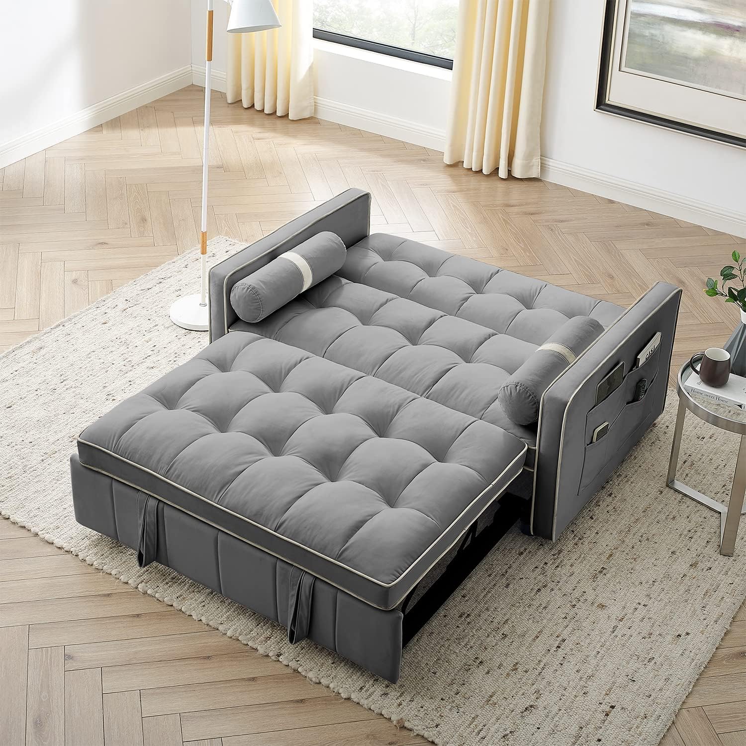 3 in 1 Sleeper Sofa Couch Bed, Small Tufted Velvet Convertible Loveseat Futon Sofa w/Pullout Bed, Adjustable Backrest, Cylinder Pillows for Living Room Apartment, Easy to Assemble, Grey, 55.5'