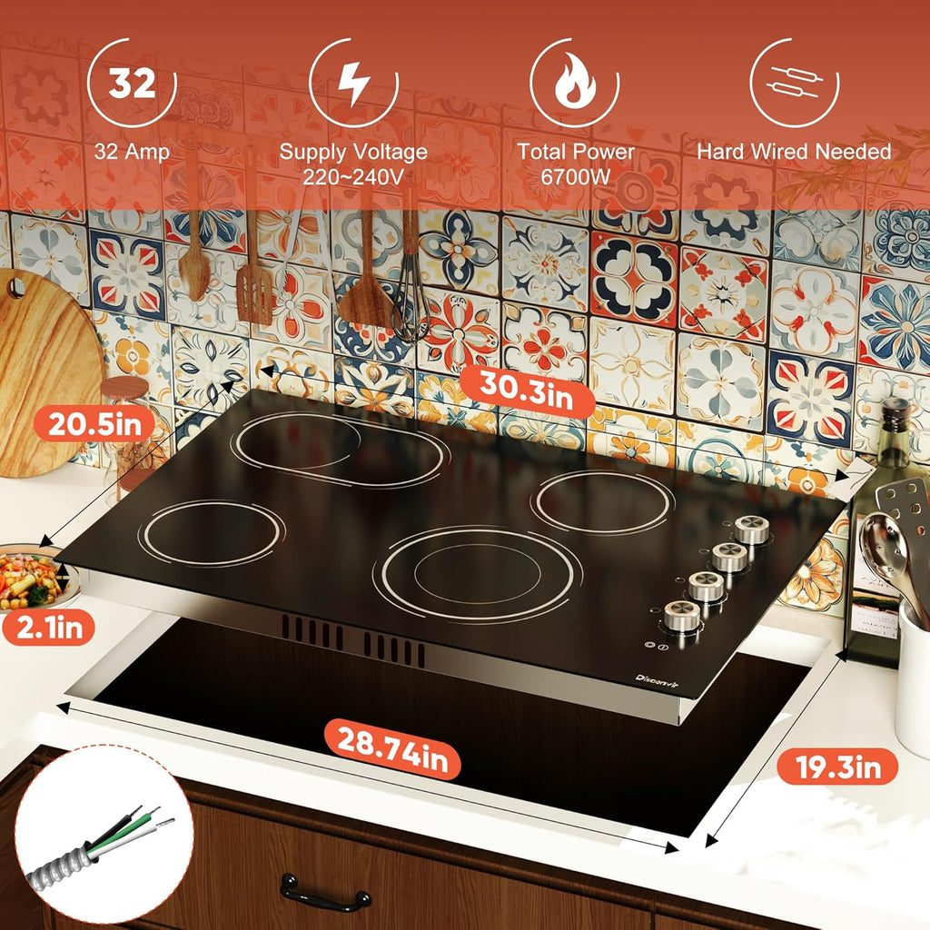 Electric Cooktop 30 Inch - 4 Burner Powerful Glass Electric Stove Top 6700W, 30 Inches Built-in Ceramic Stovetop with Dual & Expanded Ring, Knob Control, 220V - 240V Hard Wire(No Plug)