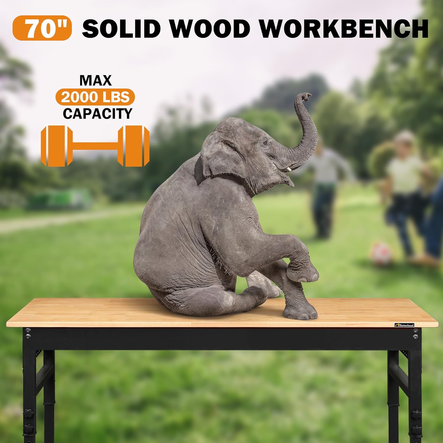 Betterhood 70' Adjustable Workbench on Wheels, 2000 LBS Heavy Duty Work Table with Power Outlets & Pegboard, Rubber Wood Workstation for Garage, Workshop, Office, Home, Commercial