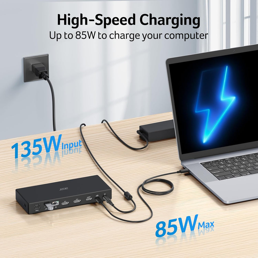 Acer Docking Station, 11-in-1 Laptop Docking Station 4K@60Hz for 3 Monitors with 2x DisplayPort+HDMI, Ethernet, 5Gbps Data, Audio, 135W Power, USBC Dock Compatible with Acer, Dell, MacBook Air/Pro, HP