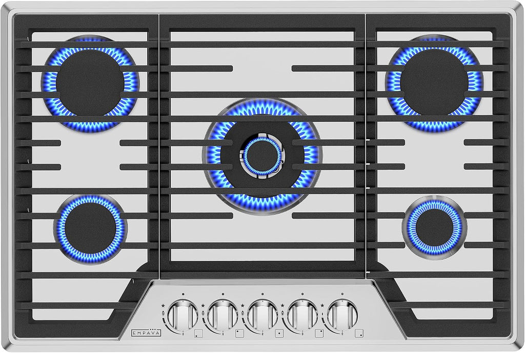 Empava 30' Recessed Gas Stove Cooktop with 5 Italy SABAF Sealed Burner NG/LPG Convertible in Stainless Steel, 30 inches
