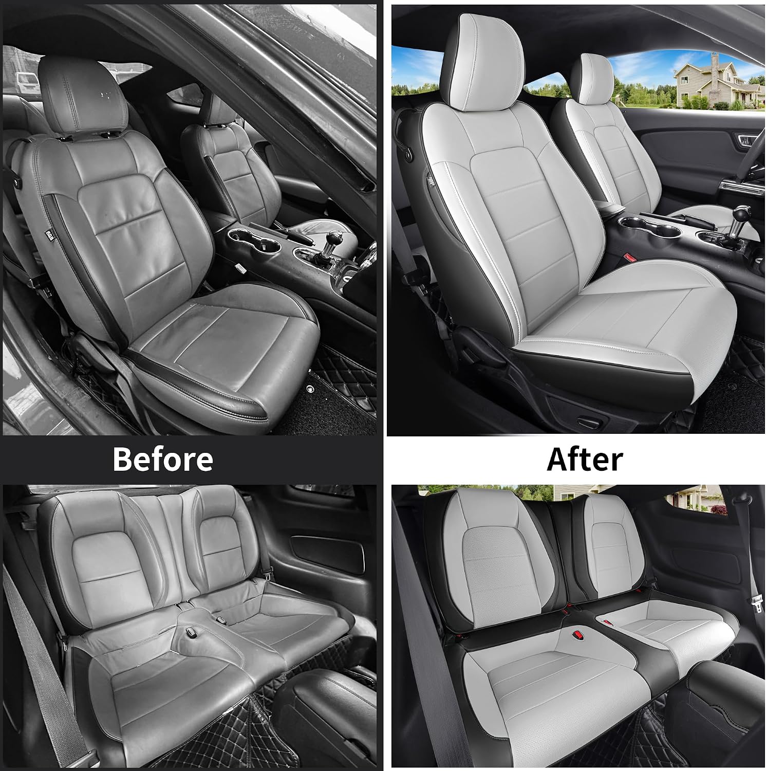 Customized Fit Ford Mustang Coupe Hardtop 2015-2026 Waterproof Leather Car Seat Cover 10PCS (M-Gray&Black)