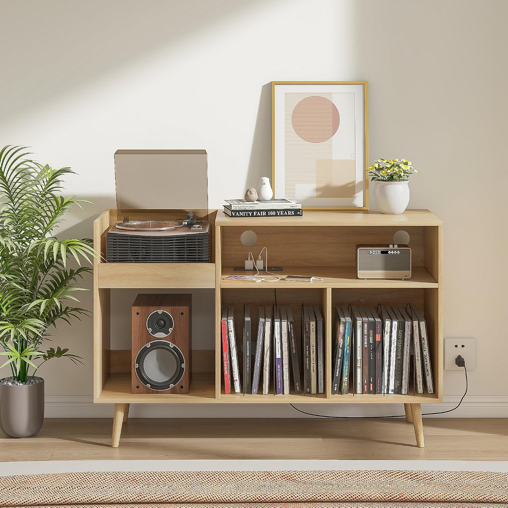 Record Player Stand with Charging Station & USB Ports, Mid-Century Turntable Stand Table Holds Up to 300 Albums, Vinyl Record Storage Cabinet with Wood Legs for Living Room Office (Wood)