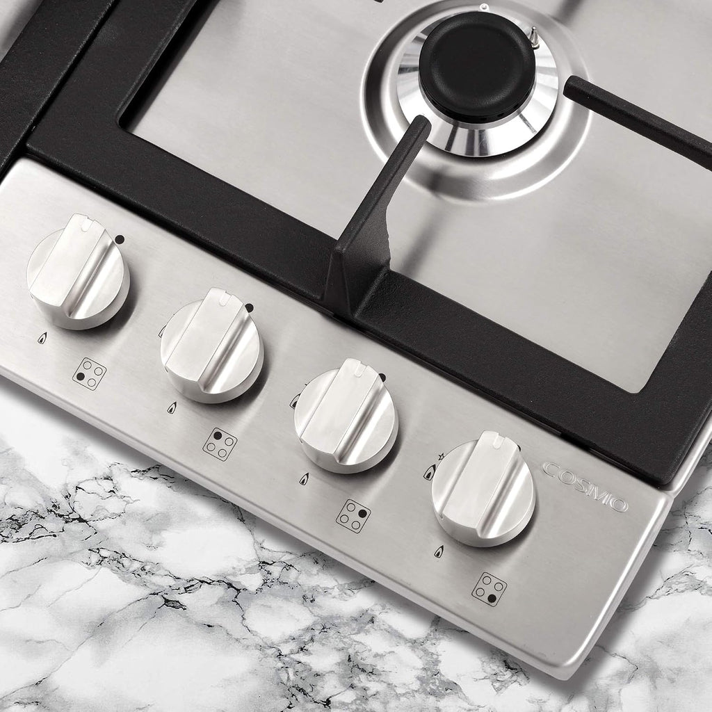 COSMO 640STX-E 24 in. Gas Cooktop with 4 Sealed Burners, Drop-In Counter-Top Cooker Cooktop with Cast Iron Grate and Melt-Proof Metal Knobs in Stainless Steel