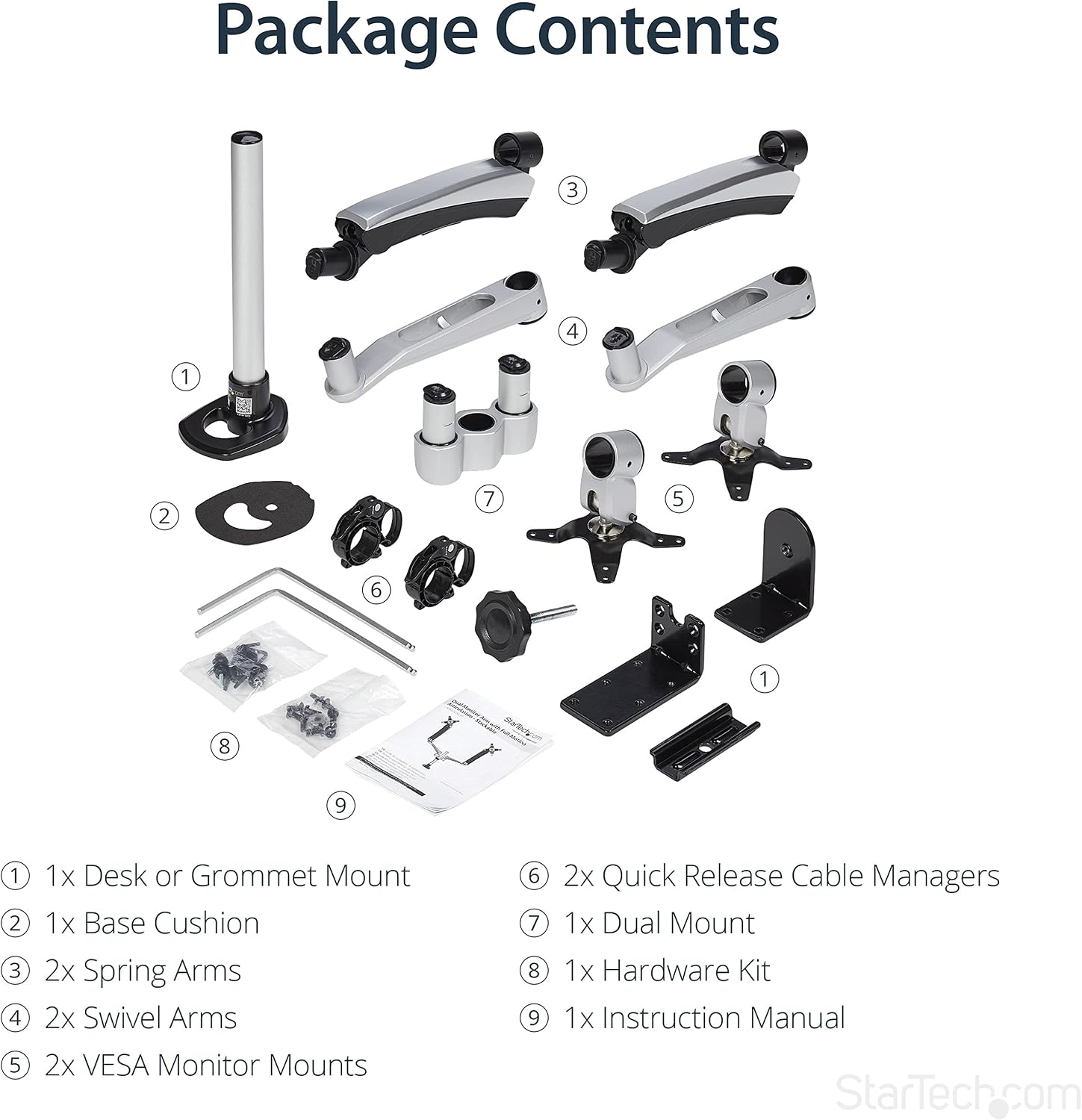 StarTech.com Desk Mount Dual Monitor Arm - Articulating - Supports VESA Monitors 12'' to 30' (19.8lb/9kg) - Adjustable - Grommet/Desk Mount - Premium - Silver, TAA (ARMDUAL30)