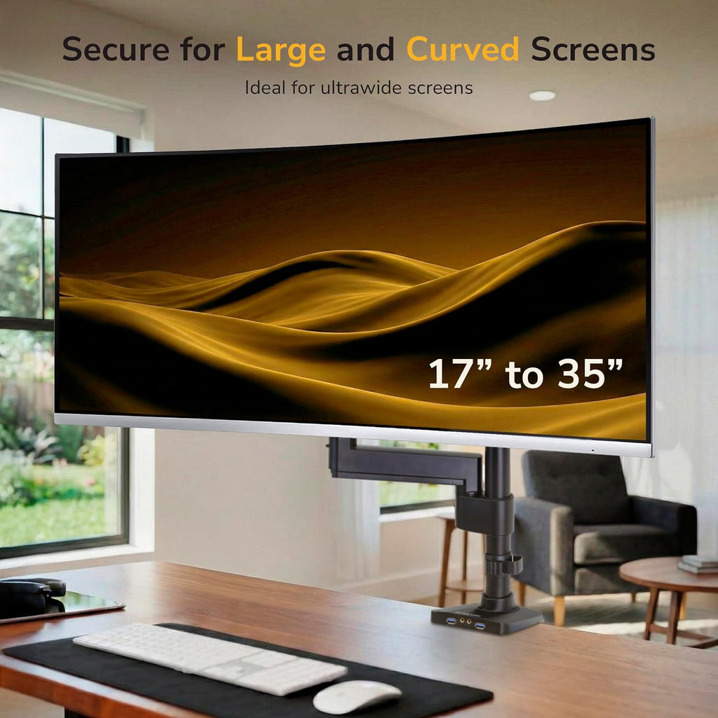 Mount-It! Ultrawide Monitor Arm, Heavy-Duty Gas Spring Desk Mount for 17–35' Curved Screens up to 33 lbs, Full Motion Height Adjustable Monitor Arm with USB 3.0 & Audio Ports, VESA 75/100/200