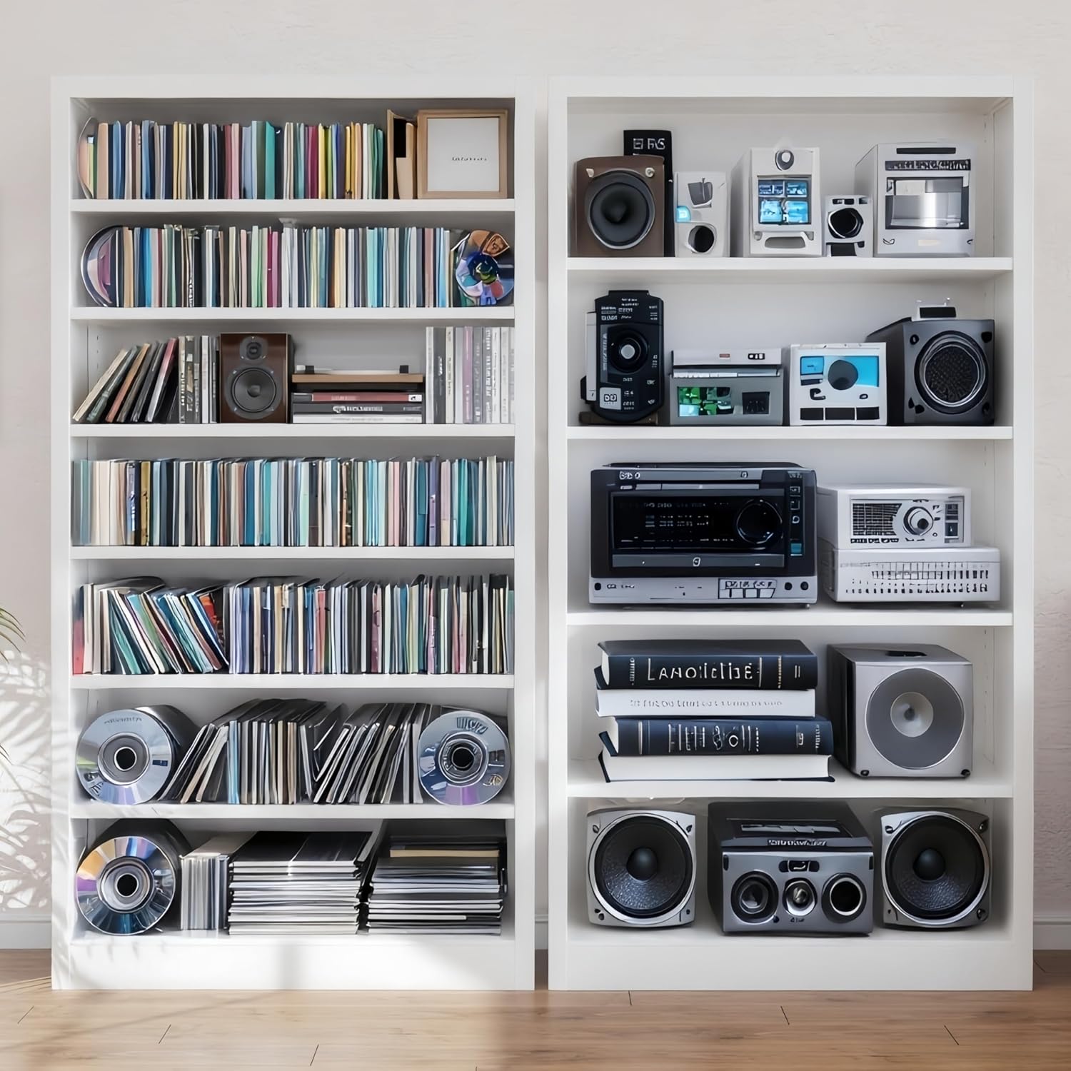 55' Media Storage Cabinet, Metal CD Storage Rack with 6 Adjustable Shelves, 7-Tier Large Stereo Cabinet for Living Room, Home Entertainment (White)