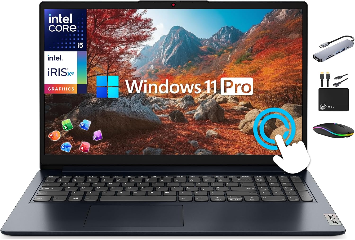 Lenovo IdeaPad 15.6' FHD IPS Touchscreen Laptop, Business AI Computer, Intel Core i5-1335U (10-Core Upto 4.6 GHz), 16GB RAM, 1TB Storage (512GB SSD+500GB Ext), MarxsolAccs, Win 11 Pro, Lifetime Office