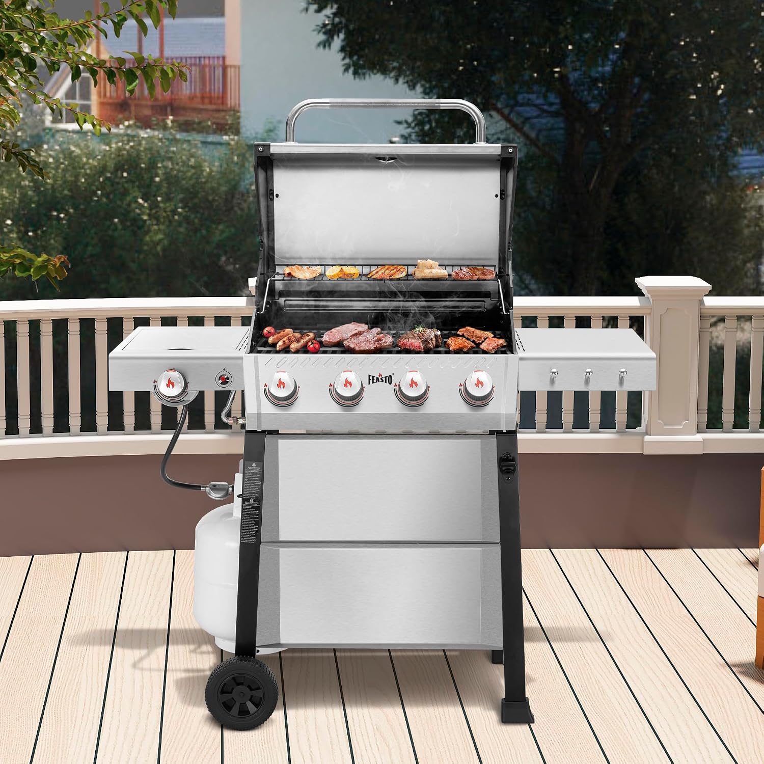 Feasto Propane Gas Grill, 36,000 BTU Outdoor Patio BBQ, Porcelain-Enameled Cookbox & Porcelain-Enameled Cast-Iron Grates, 559 Sq. In., Black (Black, 4) (Stainless Steel)
