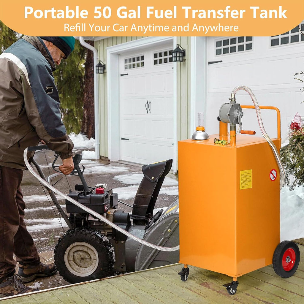 Garvee 50 gal Fuel Caddy with Manual Pump – Heavy Duty Gasoline & Diesel Transfer Tank On 4 Wheels, Spill-Proof Portable Fuel Container for Boat, Truck, Lawn Mower, ATV, Garage & Farm – Orange