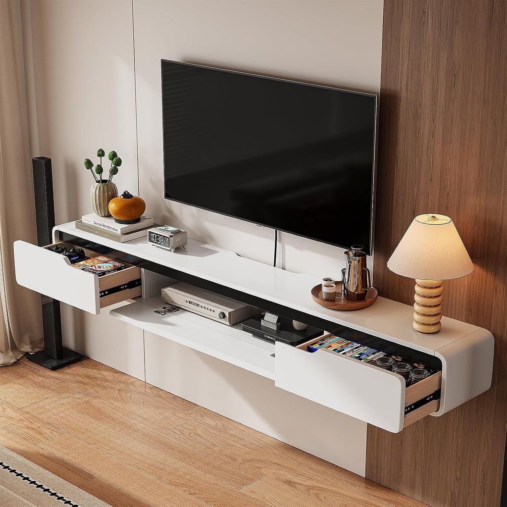 Fully-Assembled Floating TV Stand with Drawers, 55IN High Gloss Wall Mounted Entertainment Center, Modern Media Console with Storage, Under TV Shelf for Bedroom Living Room White