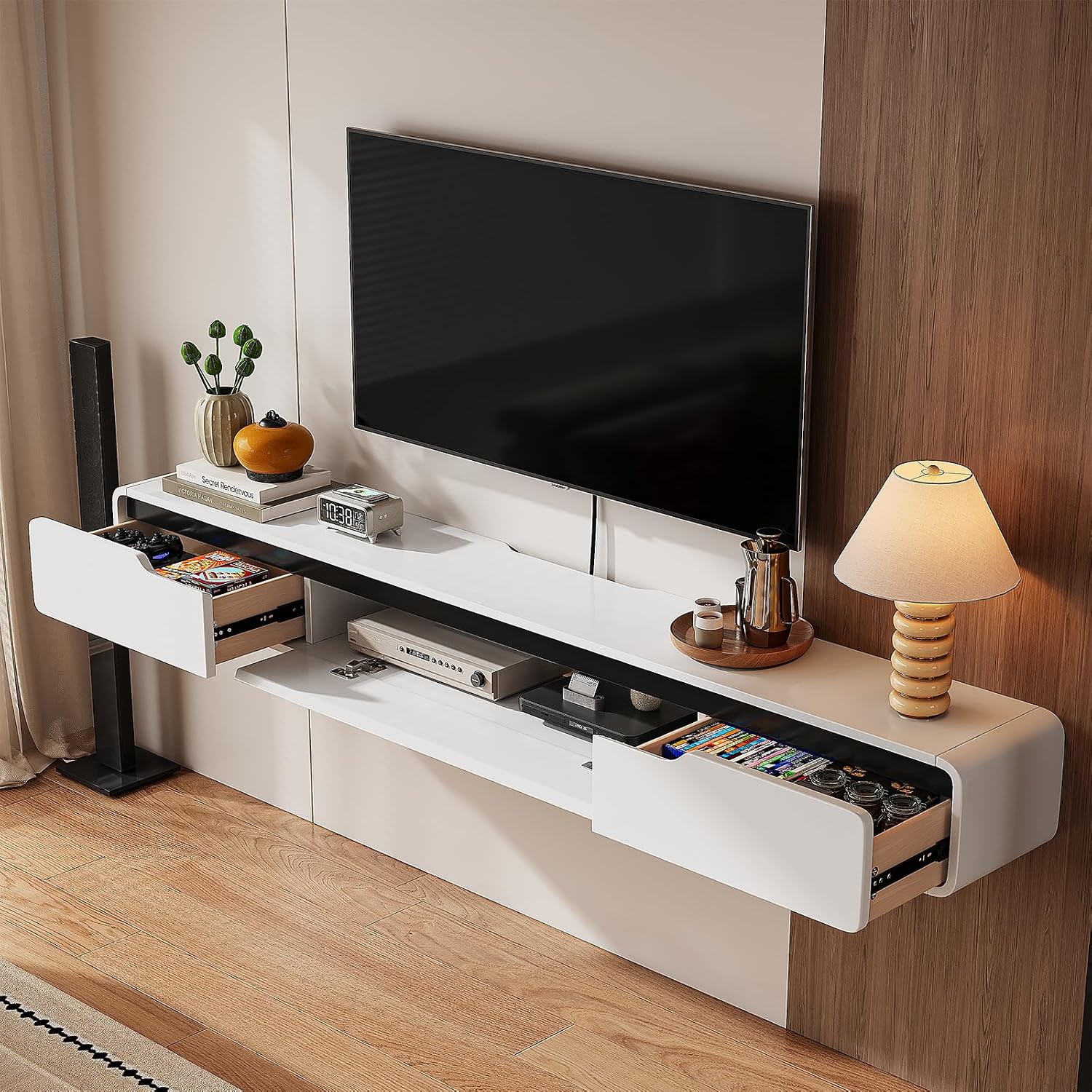 Fully-Assembled Floating TV Stand with Drawers, 55IN High Gloss Wall Mounted Entertainment Center, Modern Media Console with Storage, Under TV Shelf for Bedroom Living Room White