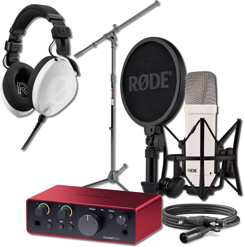 Rode NT1 Signature White Condenser Microphone Bundle with Focusrite Scarlett Solo 4G USB-C Interface, On-Stage MS7701B Boom Stand, and Rode NTH-100 White Headphones — 4 dBA Self-Noise, Air Mode
