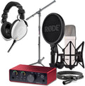 Rode NT1 Signature White Condenser Microphone Bundle with Focusrite Scarlett Solo 4G USB-C Interface, On-Stage MS7701B Boom Stand, and Rode NTH-100 White Headphones — 4 dBA Self-Noise, Air Mode