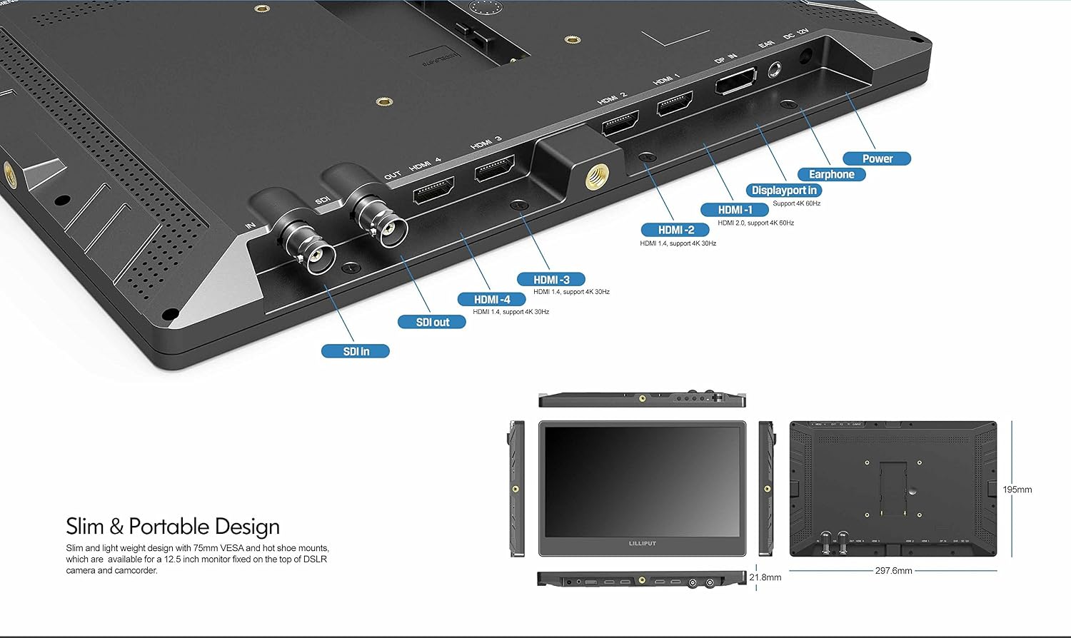 LILLIPUT A12 12.5 Inch 4K Broadcast Monitor 3840×2160 UHD Display, 3G-SDI in & Output, 4×HDMI Multi-Signal Support, Quad View, DP Input, VESA/Stand Mounting, for Studio Live Production