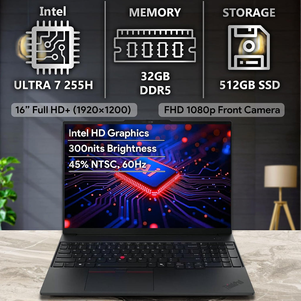 Lenovo ThinkPad E16 Gen 3, 16' FHD+, Intel Ultra 7 255H, 32GB DDR5 RAM, 512GB NVMe, Fingerprint, Backlit Keyboard, WiFi 6E, RJ-45, FHD Webcam, Windows 11 Pro, AI Business Laptop - Black