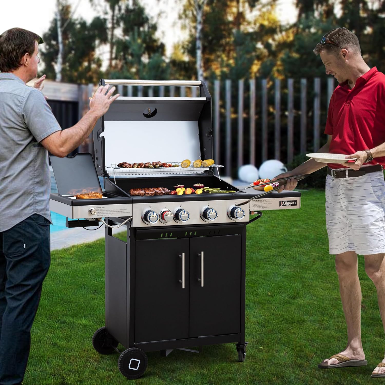 Brand-Man Propane Gas Grill, 4 Burner Compact Cabinet Style Gas BBQ Grill with Infrared Side Burner & Side Table for Outdoor Barbecue Grilling & Backyard Cooking