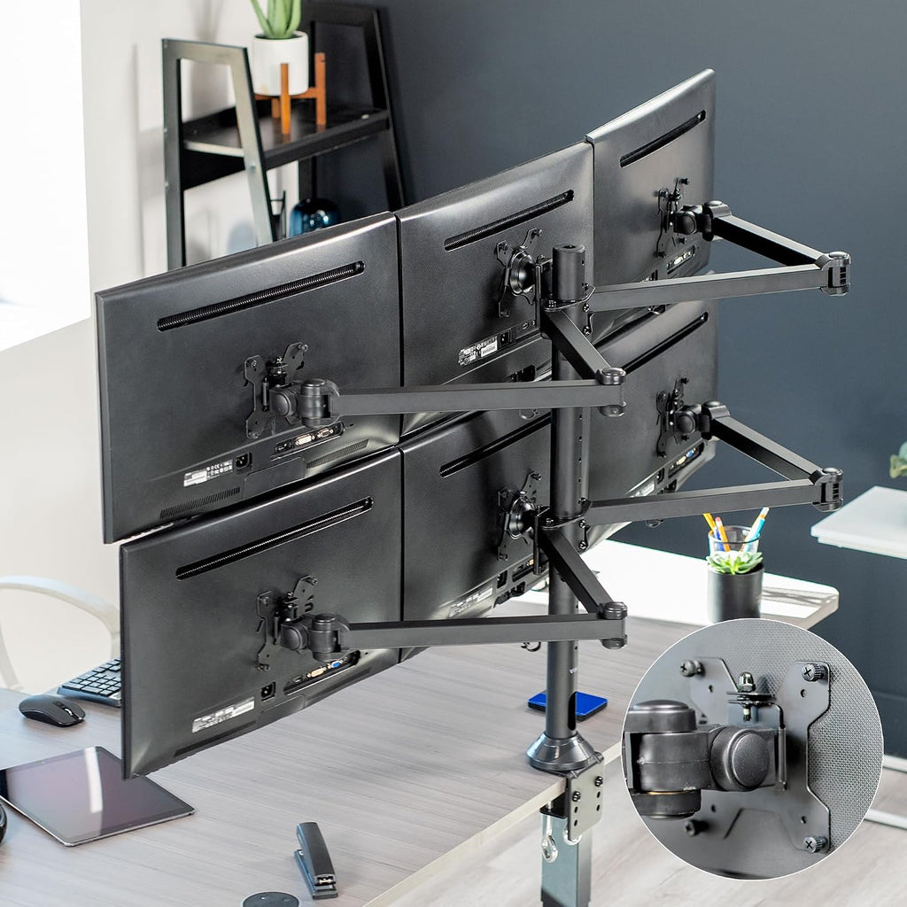 VIVO Steel Hex Monitor 23 to 32 inch LED LCD Clamp-on Desk Mount, Heavy Duty Articulating VESA Computer Stand, Holds 6 Screens, Fully Adjustable for Home Office Workstation, Black, STAND-V106A