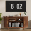 Vinyl Record Player Stand with LED Lights & Charging Station, Large Record Holdert with Sliding Door for Turntable, Speakers, Modern Media Cabinet for Living Room Bedroom (Walnut, 55in)