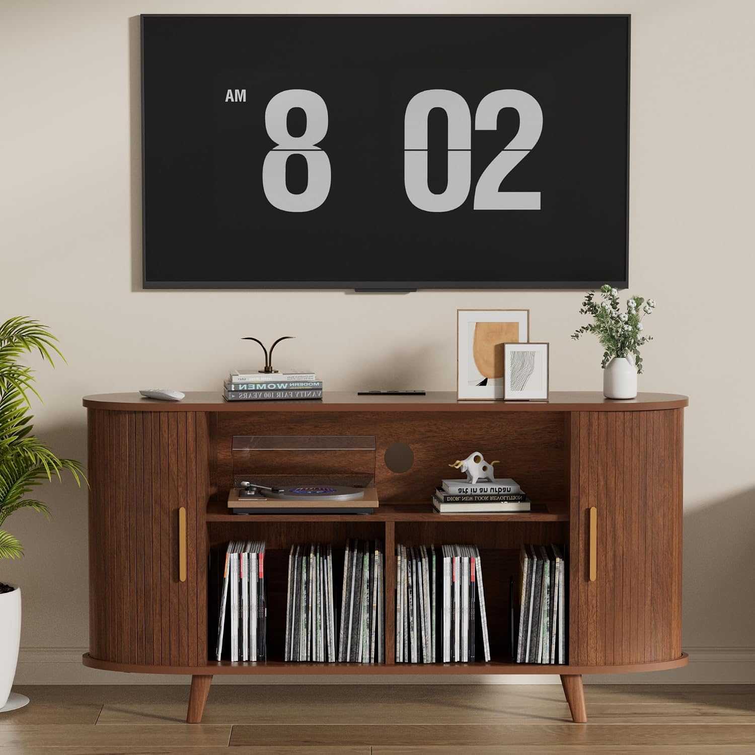 Large Record Player Stand with LED Lights, Vinyl Record Storage with Charging Station & USB Ports, Record Player Cabinet for Living Room(Natural, 55in) (Walnut, 55in)