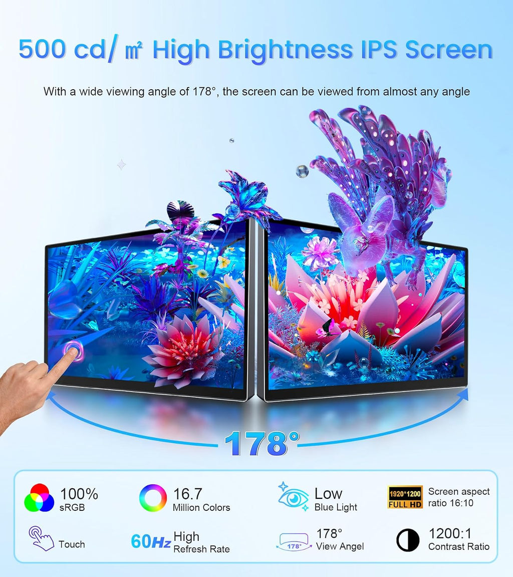 14 inch FHD Portable Touchscreen Monitor with HDMI VGA DVI Ports Compatible with Laptops PC PS5/4, Industrial, POS, Kiosk, Screen Extender 1920×1200 HDR IPS Small Touch Screen Display 500 nits