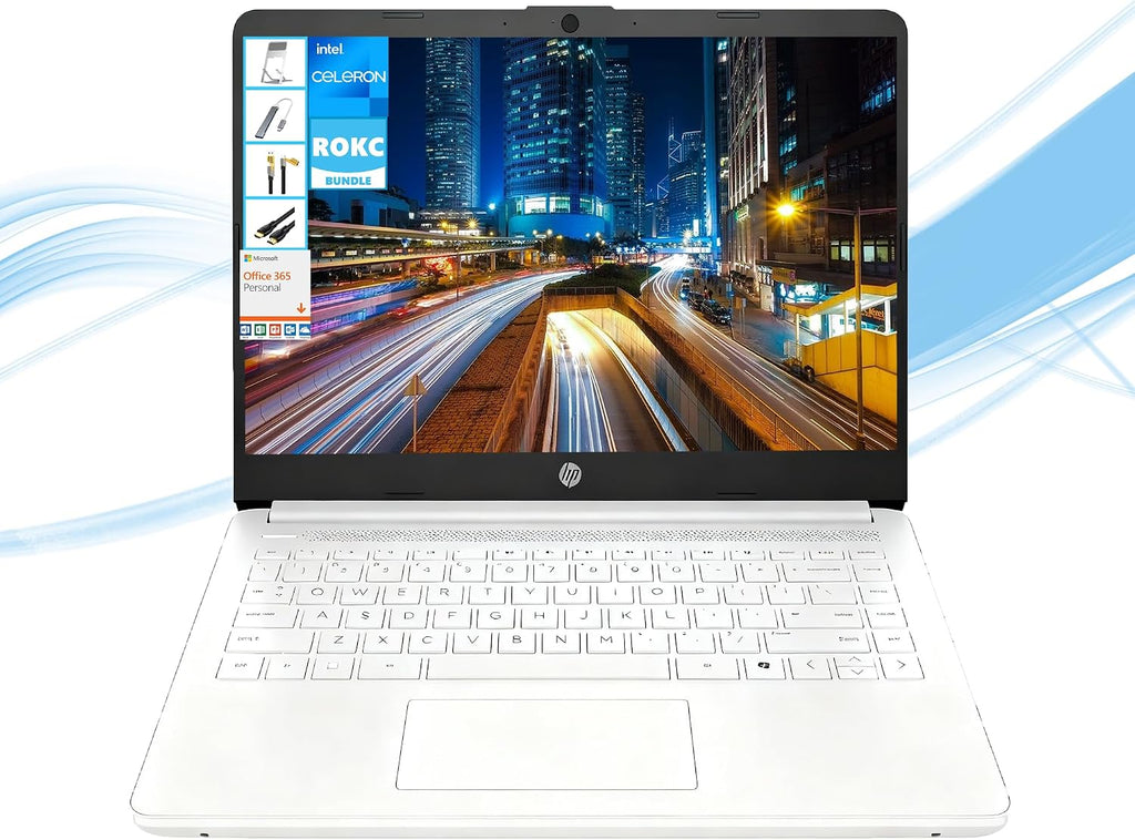 HP Windows 11 Laptop 14 inch HD Screen with Microsoft Office and 1TB Cloud Storage (1-Year)| 8GB RAM| 64GB eMMC| Intel 2-Core CPU| Wi-Fi| Ultra Light| Portable| Webcam| Bluetooth| White| RK Bundle
