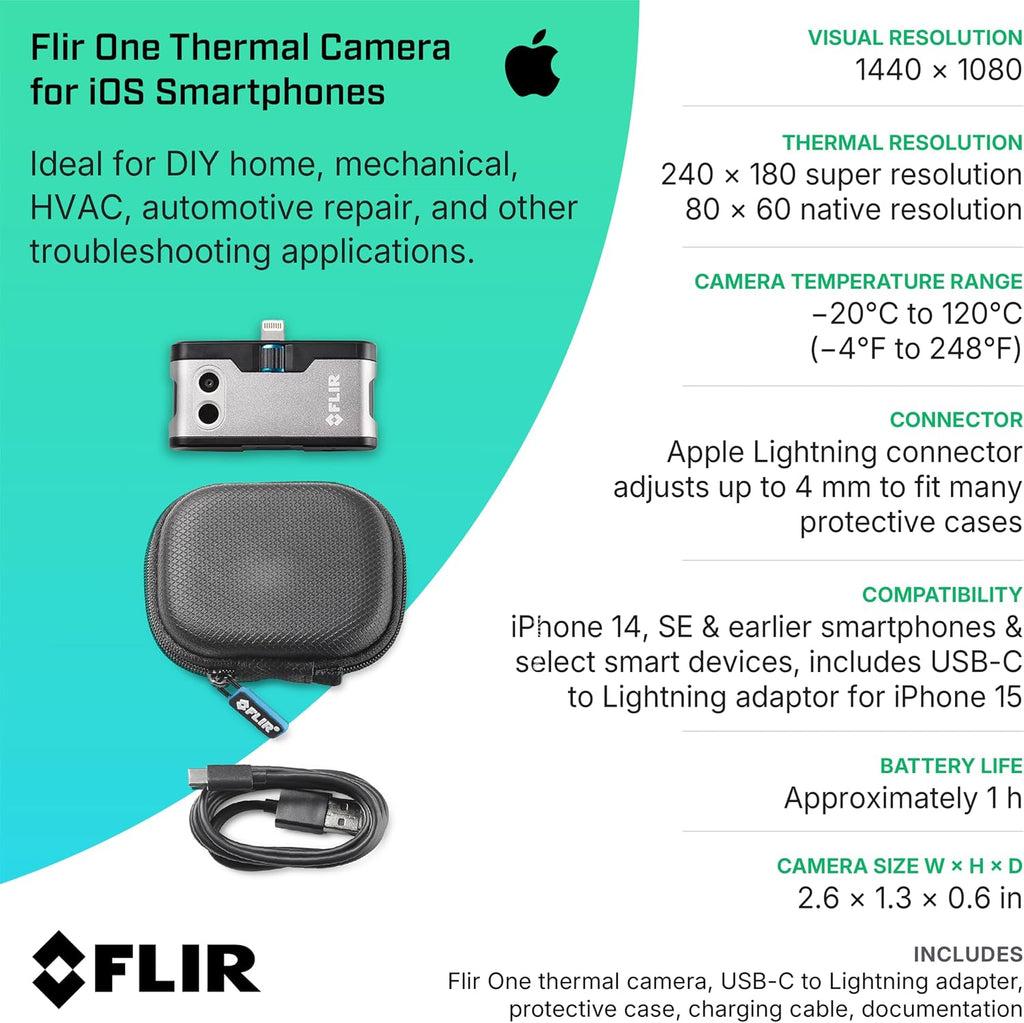 Flir One - Thermal Imaging Camera for iOS Smartphones (iPhone 14 and Older w/Lightning Port), 240x180 Super Resolution (80x60 Native IR)