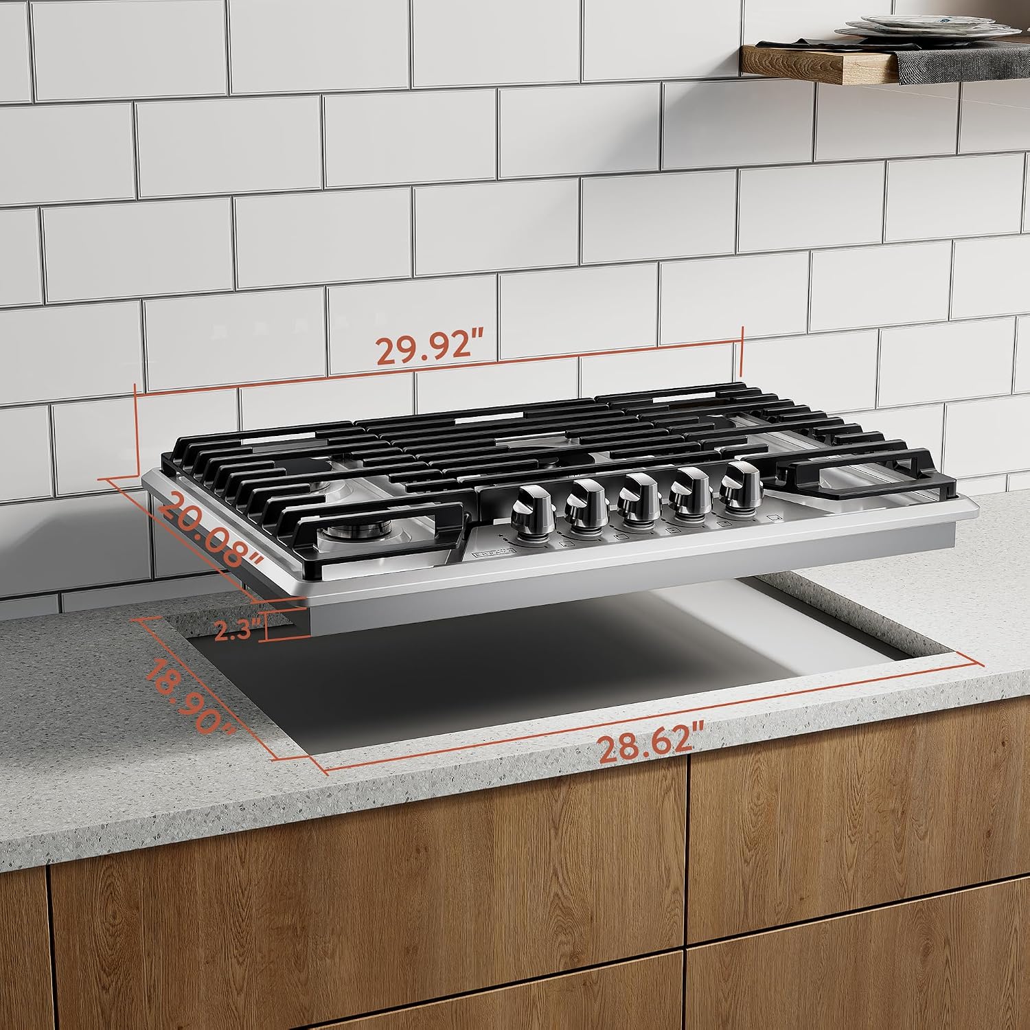 Empava 30' Recessed Gas Stove Cooktop with 5 Italy SABAF Sealed Burner NG/LPG Convertible in Stainless Steel, 30 inches