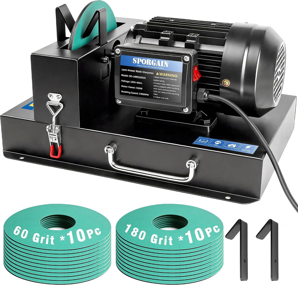 SporGain Lawn Mower Blade Sharpener 2/3 HP, Lawnmower Blade Sharpener with 20 Sandpapers 60/180 Grit, Heavy-Duty Mower Sharpening Machine for High/Low Lift, Gator & Flat Blades