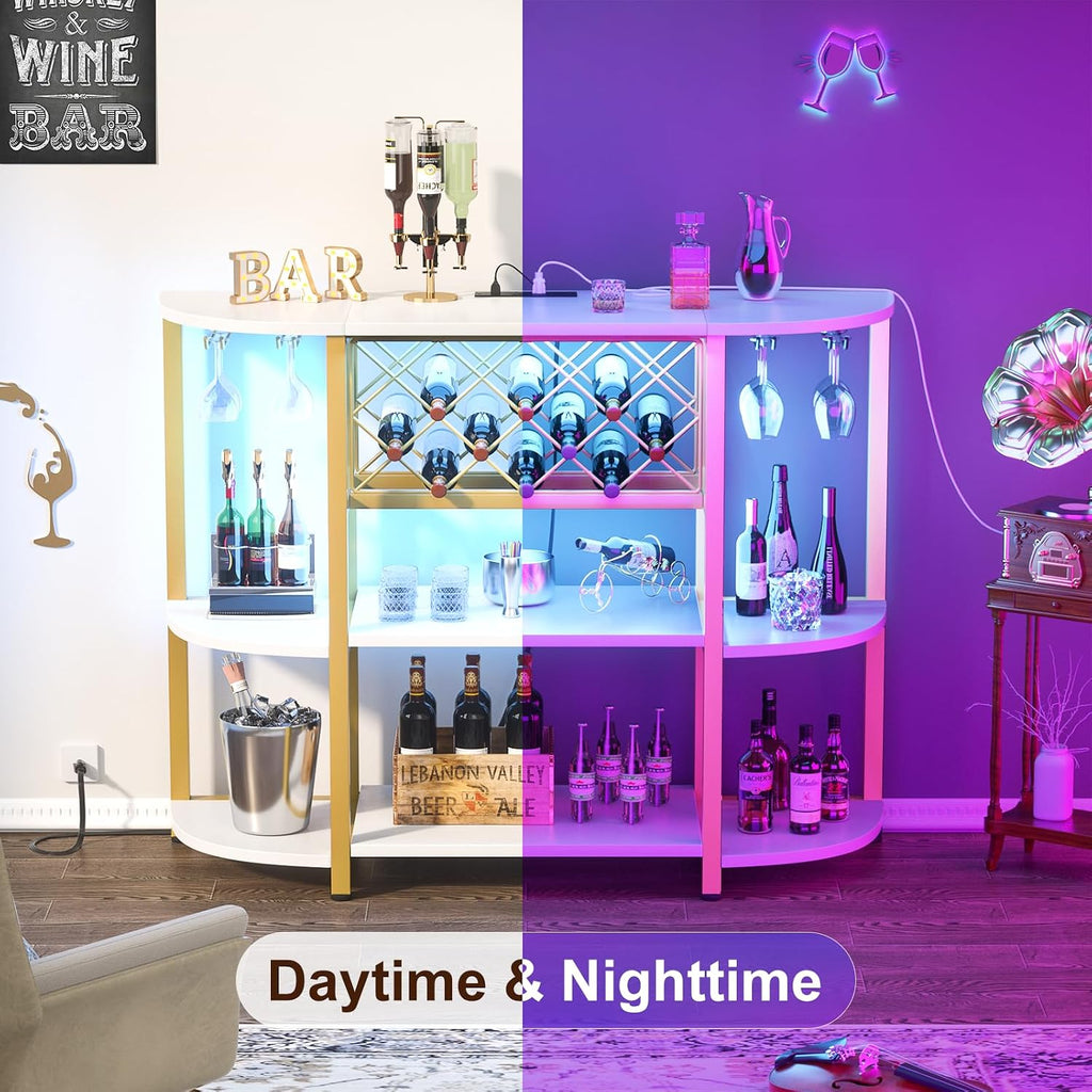 Unikito 4-Tier Metal Coffee Bar Cabinet with Outlet and LED Light, Freestanding Floor Bar Table for Liquor with Glass Holder and Wine Storage, Wine Bakers Rack for Kitchen Dining Room, White and Gold