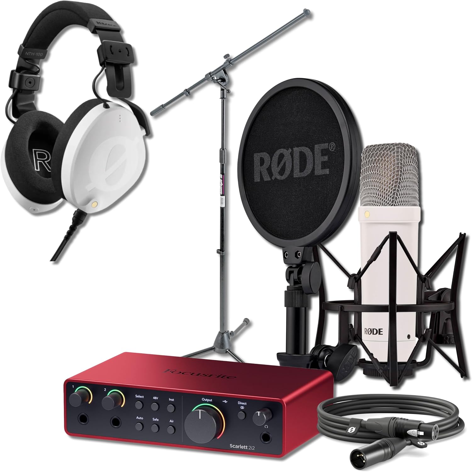 Rode NT1 Signature Series Condenser Microphone (White) with Scarlett 2i2 4th Gen USB Audio Interface, White NTH-100 Professional Over-Ear Headphones and On-Stage MS7701B Boom Microphone Stand