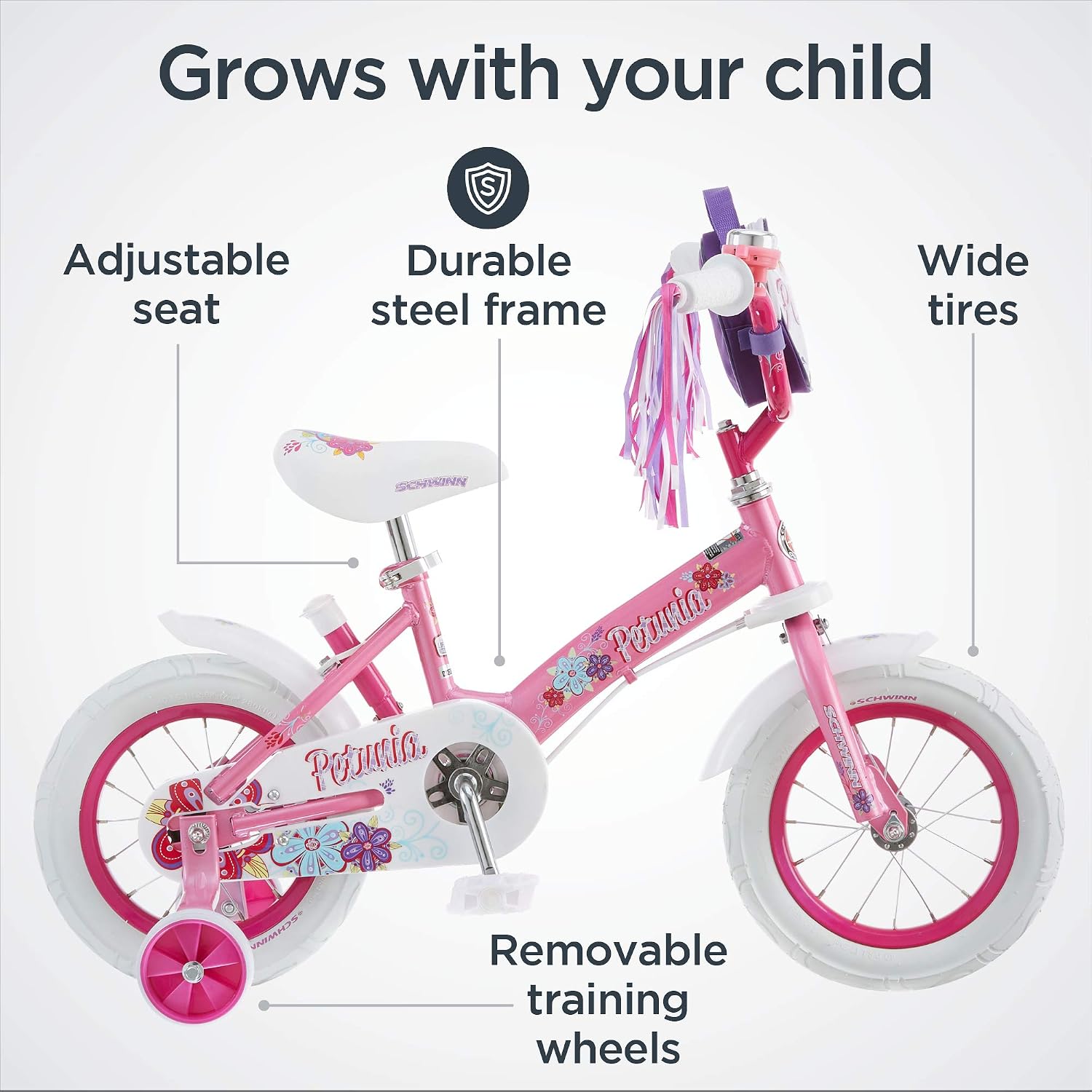 Schwinn Petunia and Grit Bike, Bike for Kids Ages 2-4, Steerable Beginner Bicycle with Training Wheels, Parent Push Handle, Rear Coaster Brake, Adjustable Seat