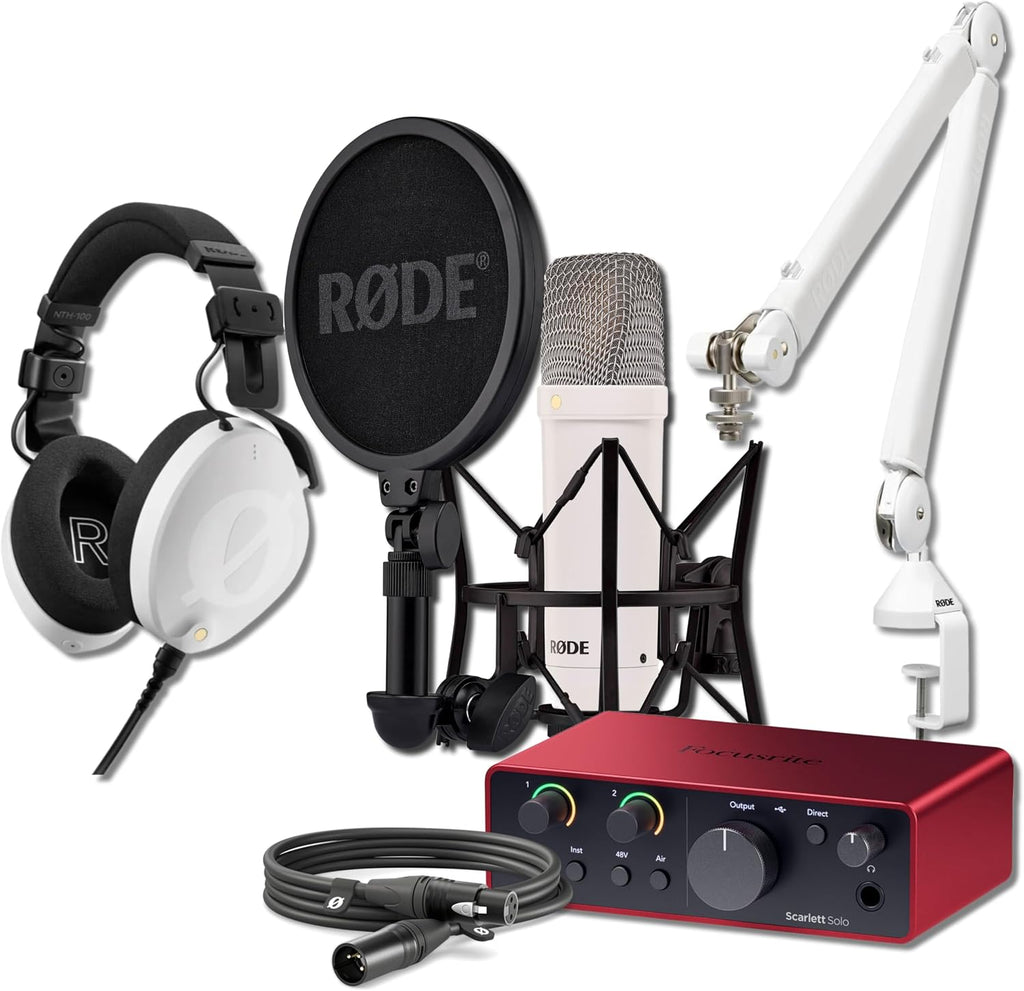 Rode NT1 Signature White Condenser Mic Home Studio Bundle with Focusrite Scarlett Solo 4G, PSA1+ W Boom Arm, and NTH-100 W Headphones — 4 dBA Self-Noise, Air Mode, Reference