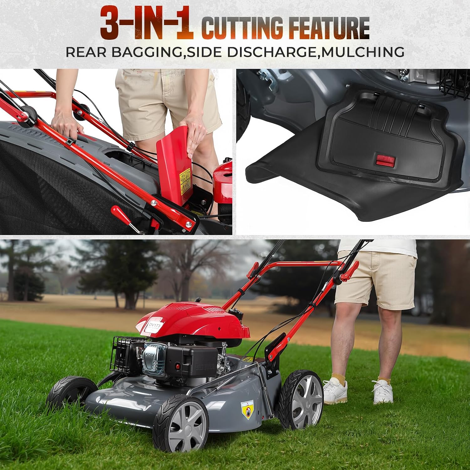 20-Inch Self Propelled Lawn Mower, 173cc Gas Engine Lawn Mower for Hills 3-in-1 Mulch Bag Side-Discharge Rear Wheel Drive, Push Lawn Mowers with 60L Grass Tank for Yard Patio Lawn Landscaping (173CC)