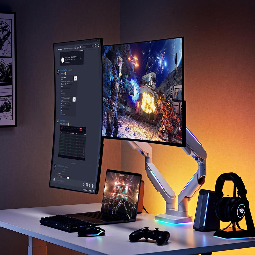 AVLT RGB Lights Dual 17'-43' Gaming Monitor Arm Desk Mount, Fits Two Flat/Curved/Ultrawide Screen up to 44lbs(20kg), Height Swivel Tilt Adjustable Stand – White