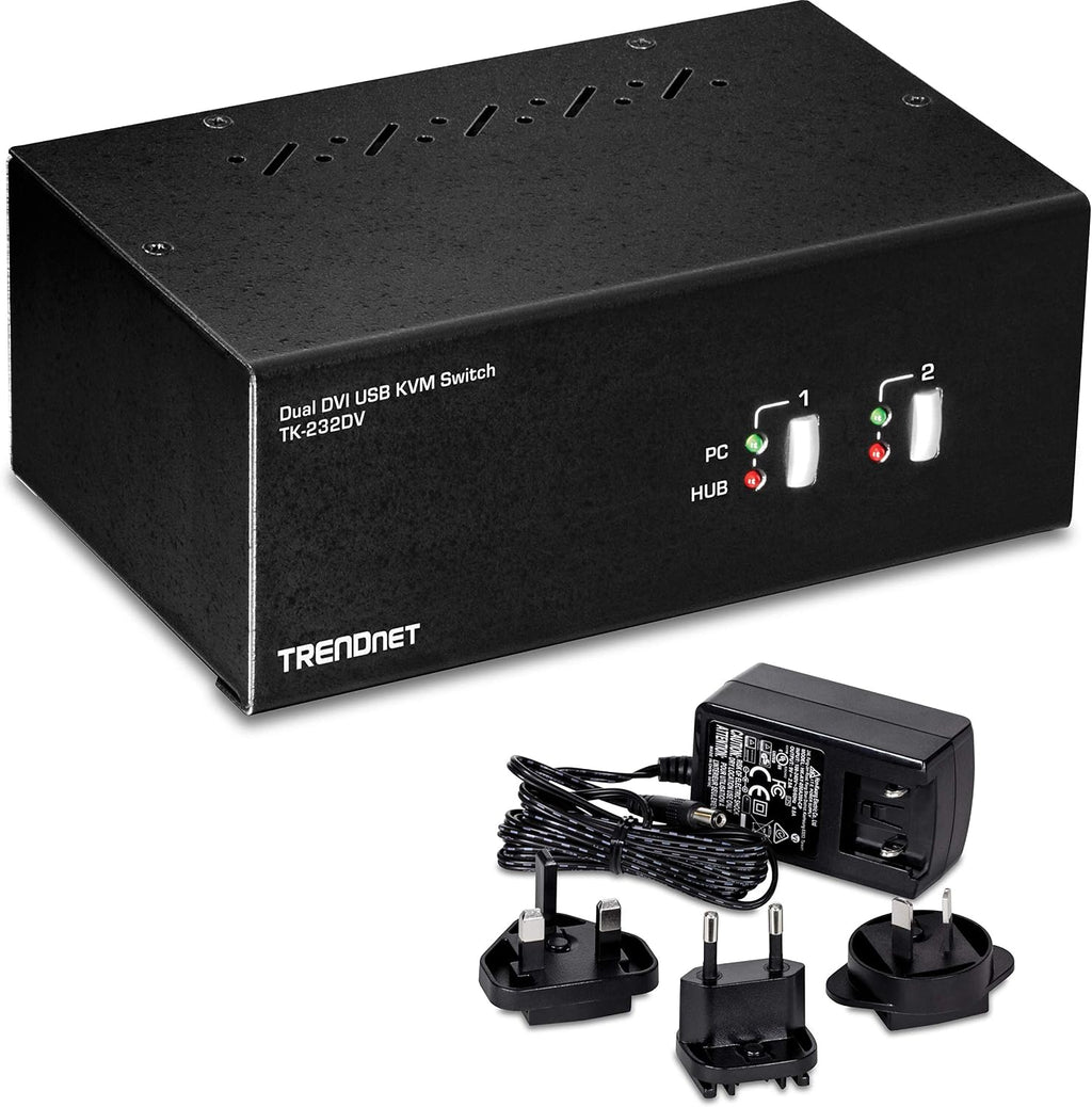 TRENDnet 2-Port Dual Monitor DVI KVM Switch with Audio, 2-Port USB 2.0 Hub, Digital Resolutions up to 1920 x 1200, Analog Resolutions up to 2048 x 1536, TK-232DV