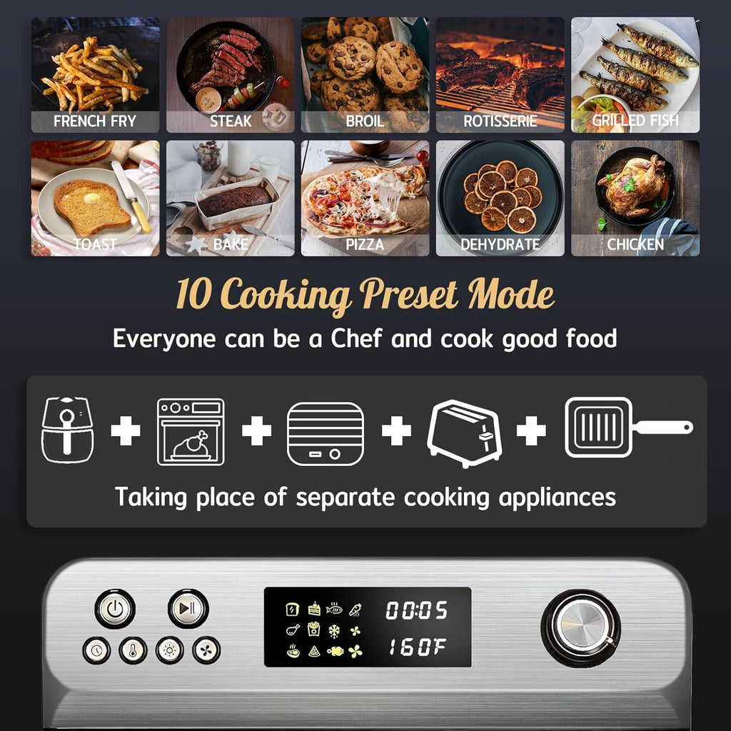 HYSapientia® 26QT Stainless Steel Air Fryer Oven, Large Capacity 10-in-1 with Rotisserie, Full Accessory Set, 1800W