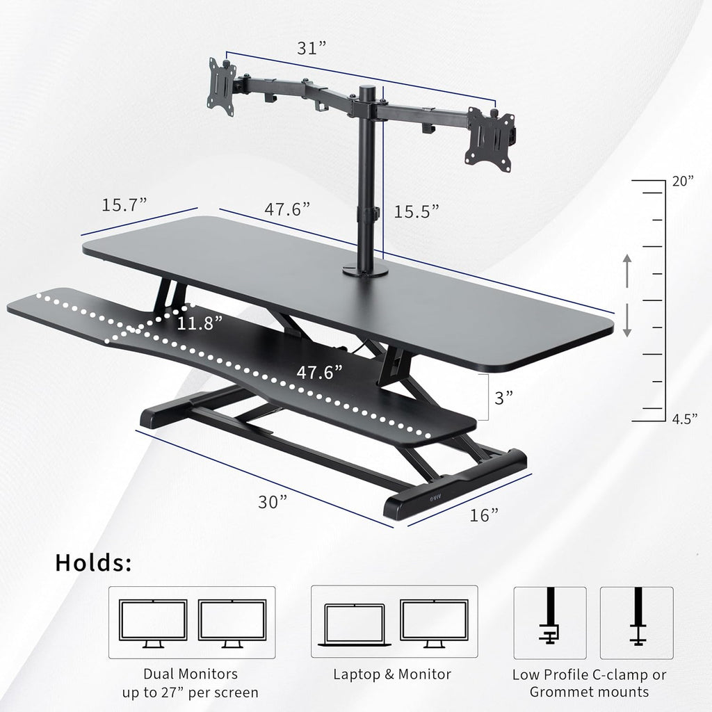 VIVO Height Adjustable 48 inch Standing Desk Converter with Dual 13 to 30 inch Monitor Stand, Sit Stand Monitor Mount and Desk Riser, Black, DESK-V048KB-M2