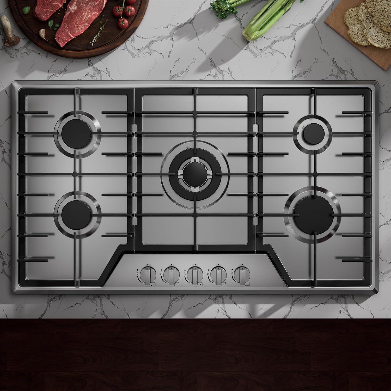 36 Inch Gas Cooktop Stainless Steel with 5 Sealed Burners, Drop-in Stovetop with Cast Iron Grates, NG/LPG Convertible, 38000 BTU