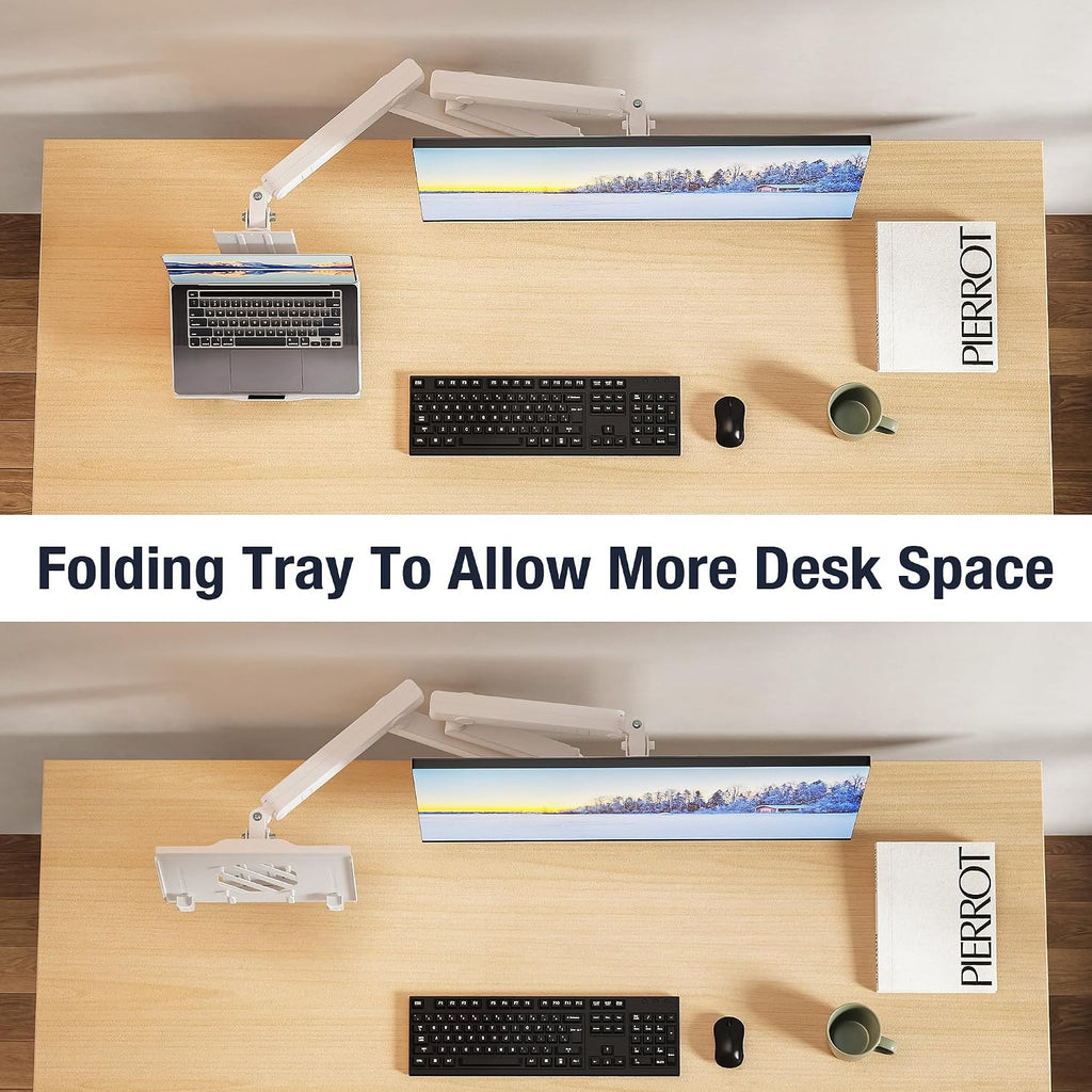 AVLT Dual 17'-38' Monitor Arm Desk Mount with 17' Laptop Tray and USB-C Docking Station, HDMI 4K60Hz, USB-A 5Gbps, Ethernet, 100W PD, Fits Two Flat/Curved - White
