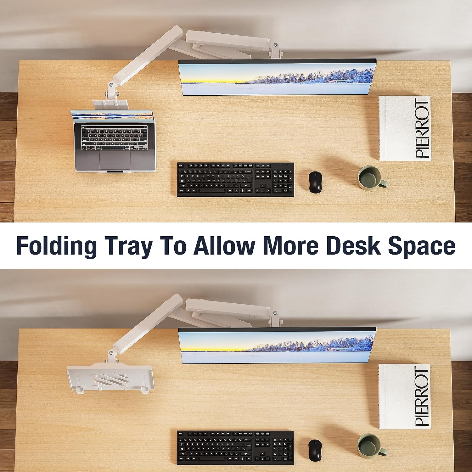 AVLT Dual 17'-38' Monitor Arm Desk Mount with 17' Laptop Tray and USB-C Docking Station, HDMI 4K60Hz, USB-A 5Gbps, Ethernet, 100W PD, Fits Two Flat/Curved - White