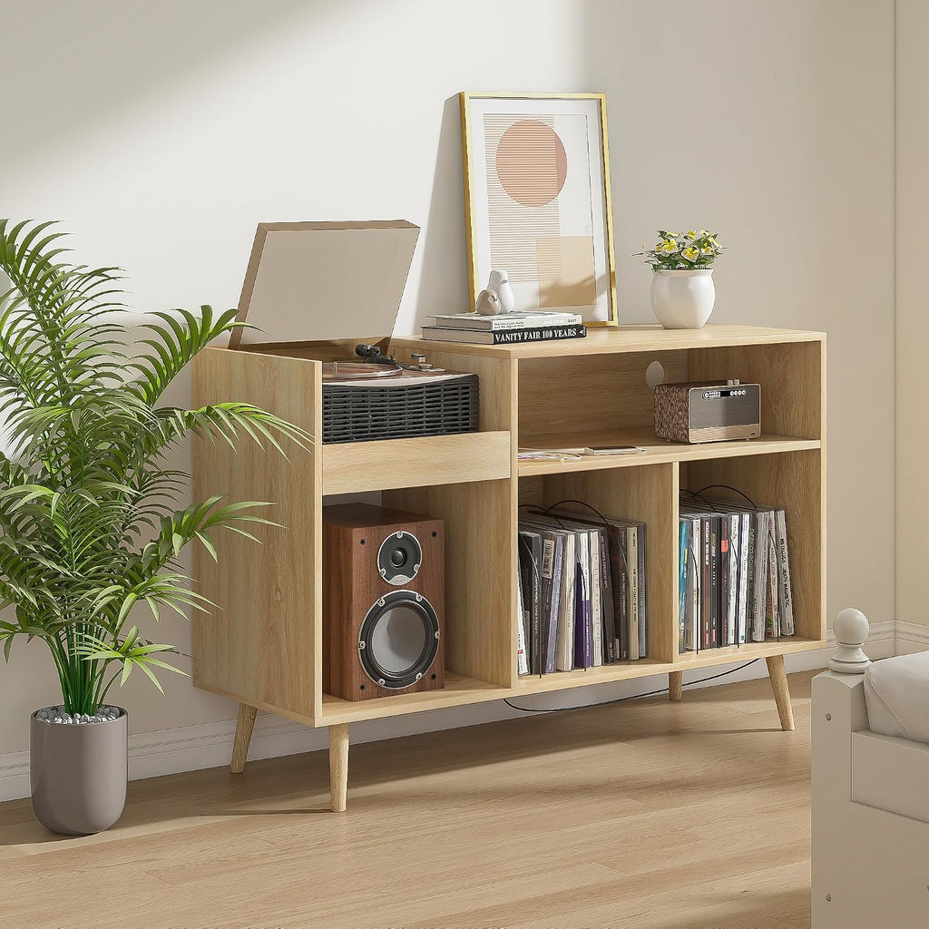 Record Player Stand with Charging Station & USB Ports, Mid-Century Turntable Stand Table Holds Up to 300 Albums, Vinyl Record Storage Cabinet with Wood Legs for Living Room Office (Wood)
