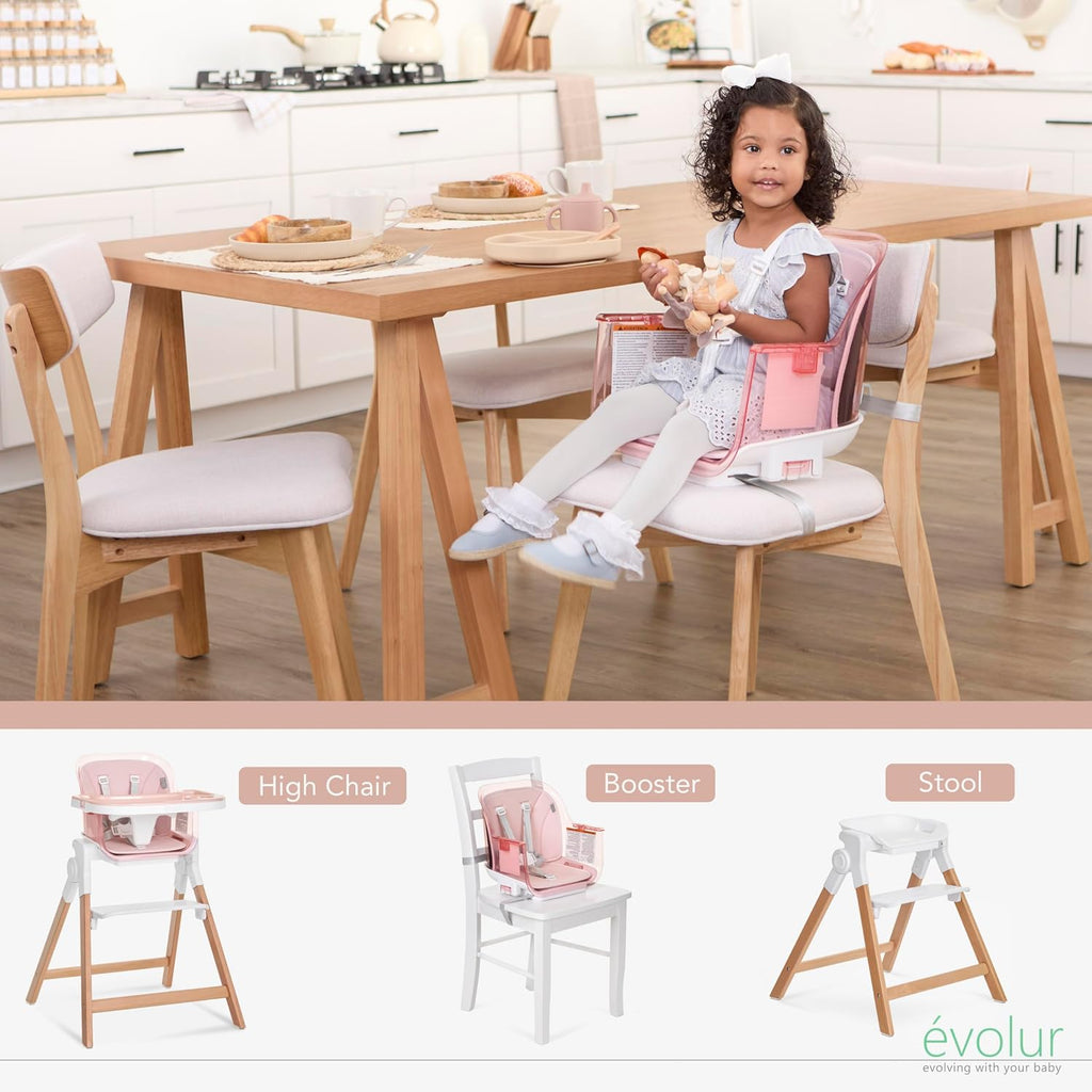 Evolur Tiny Throne 3-in-1 Convertible High Chair, Removable & Dishwasher Safe Tray, Converts to Booster Seat & Adult Stool, Easy-to-Clean Feeding Solution – Grapefruit Pink