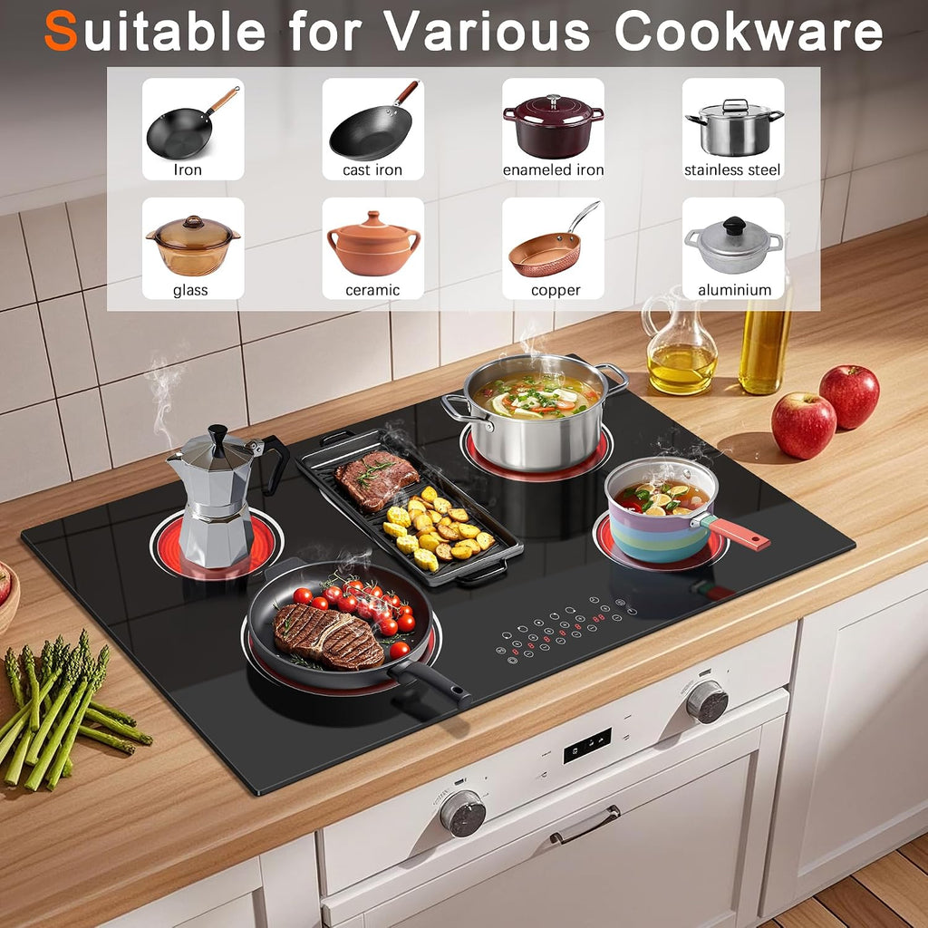 5 Burner Electric Cooktop 36 Inch, Nefaracy Built-in Electric Stove Top 8400W, 36'' Ceramic Cooktop with Touch Control, BBQ Burner, Timer & Pause, Safety Lock, 220V Hard Wire