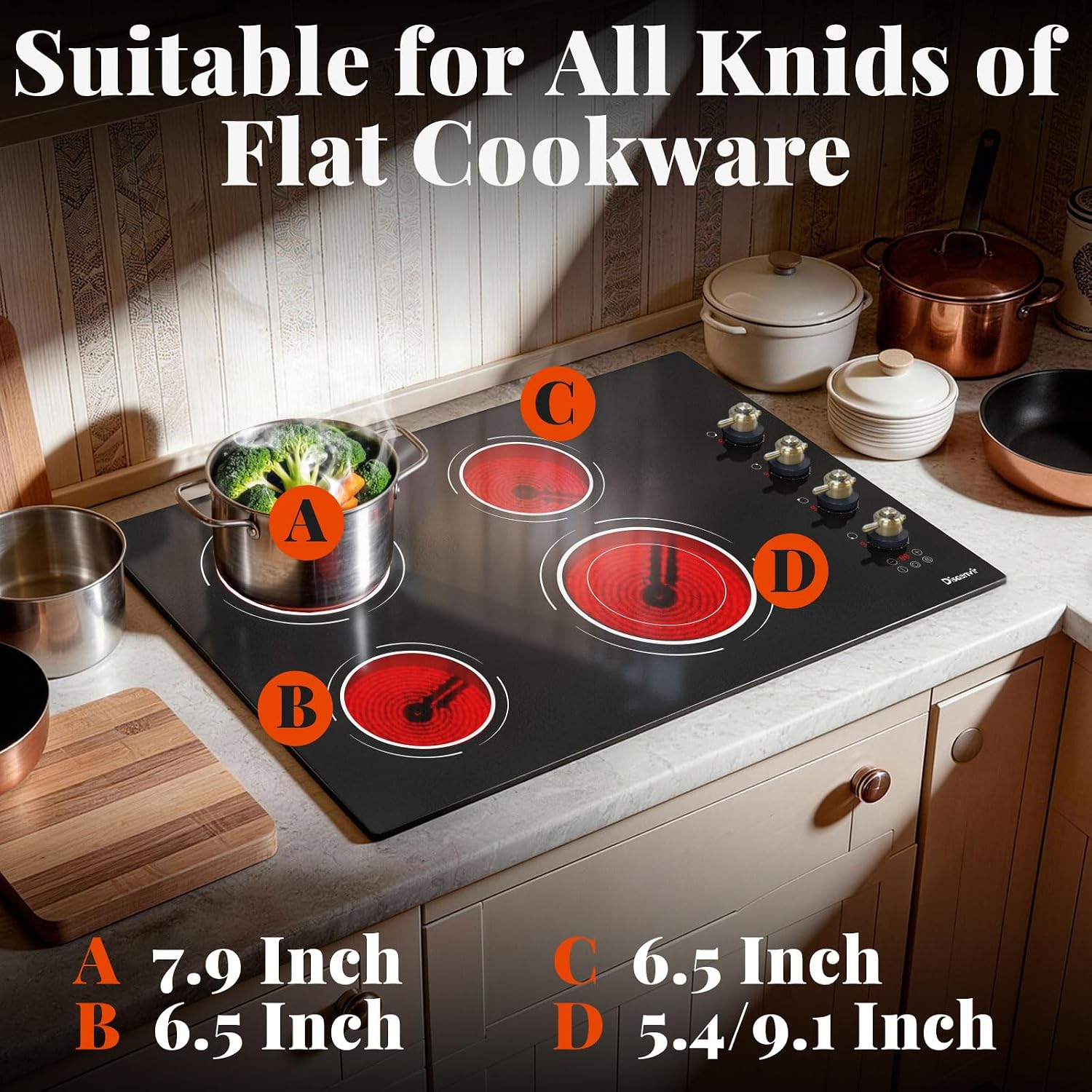 30 Inch Electric Cooktop - 4 Burner Electric Stove 6700W Built-in(29.13'x19.3'), 30' Radiant Ceramic Cook Top Konb & Touch, 99-Min Timer, Safety Lock, 220V - 240V Hard Wired (Retro Knob)