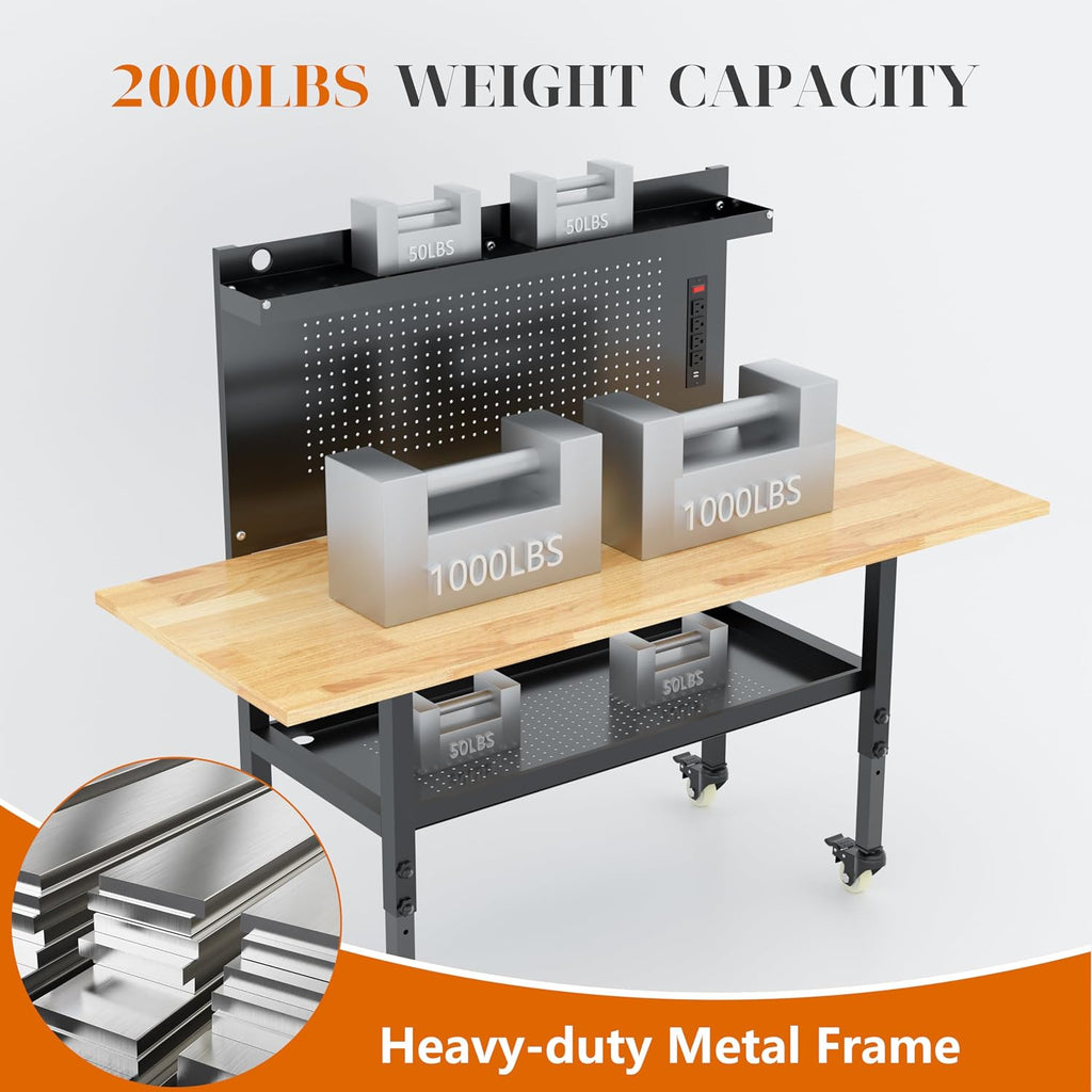 60' Heavy Duty Adjustable Workbench with Large Pegboard& Partition, Adjustable Work Table with Power Outlets & Lockable Wheels, Rubber Wood Workstation for Garage, Workshop, Office, Home, Commercial