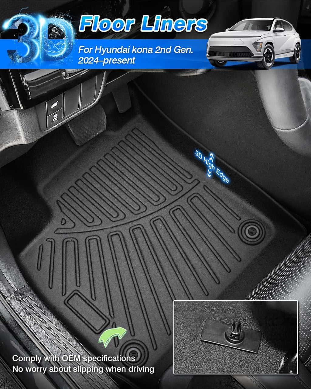 Cartist Floor Mats and Cargo Liner Fit for Hyundai Kona 2024 2025 2026 (No Electric Model) Limited | N Line | SE | SEL Accessories All Weather TPE 1st & 2nd Row Car Rear Trunk Mats