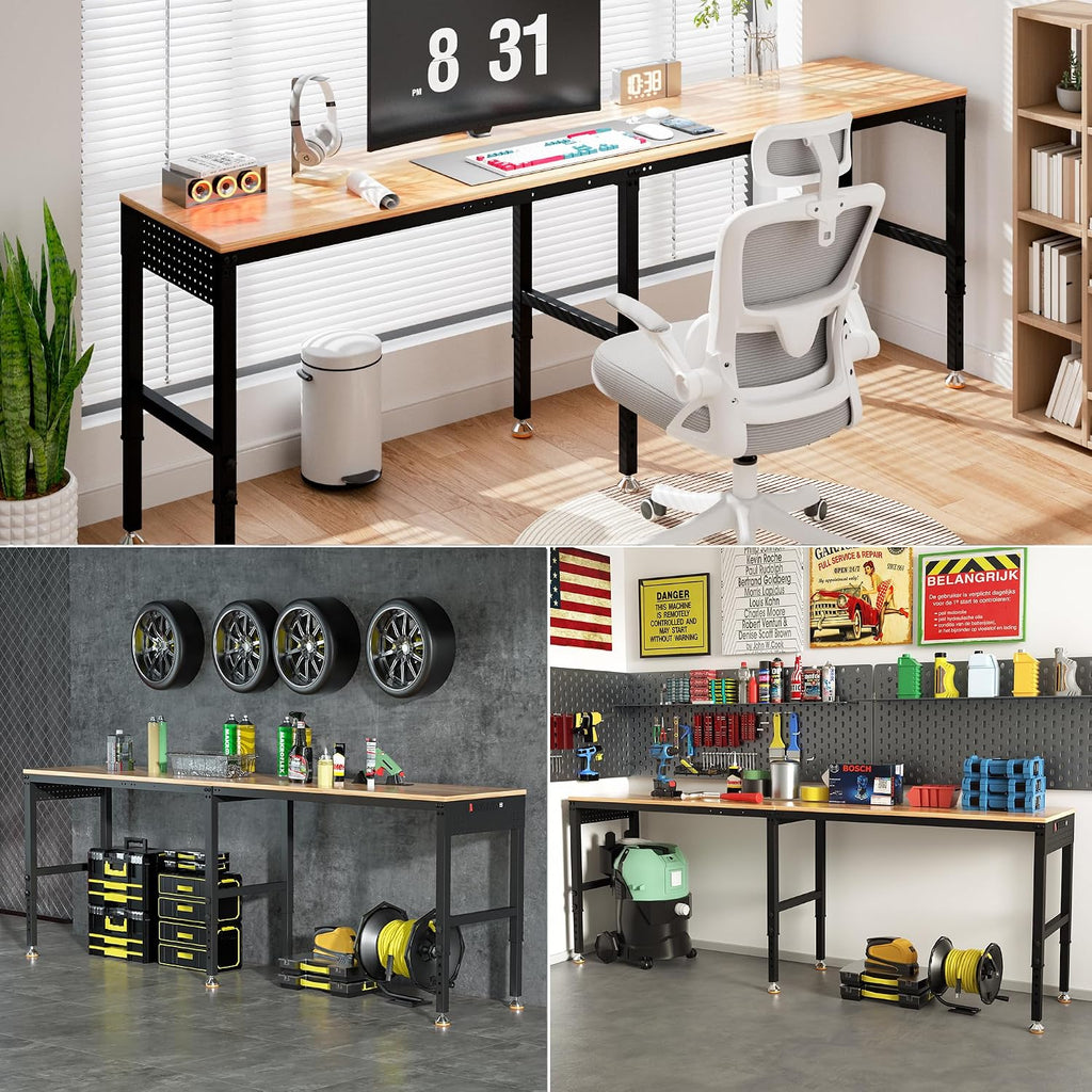 Betterhood 96' Adjustable Workbench, 5000 LBS Heavy Duty Work Table with Power Outlets & Pegboard, Rubber Wood Workstation for Garage, Workshop, Office, Home, Commercial