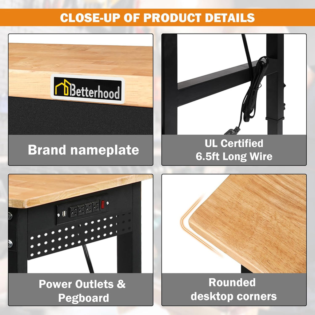 Betterhood 70' Adjustable Height Workbench, 2000 LBS Heavy Duty Work Table with Power Outlets & Pegboard, Rubber Wood Workstation for Garage, Workshop, Office, Home, Commercial